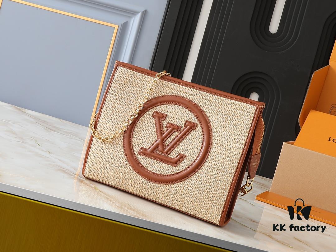 Upgraded Original M81366 Black and Caramel Chain Wash Bag Made from Natural Raffia with Black Leather Trim and Circle Logo