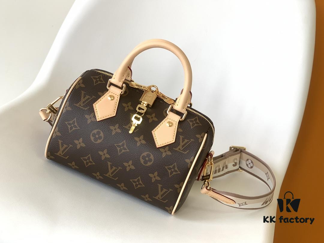 M46222 Beige M46234 Black [M45957 Black Adjustable Strap Not Available] ~ This Speedy Bandoulière 20 Handbag features Monogram canvas, cowhide leather trim, and textile lining, continuing the classic Louis Vuitton Speedy travel bag design in a compact size, complete with rolled leather handles and a detachable, adjustable fabric shoulder strap accented with signature woven branding
