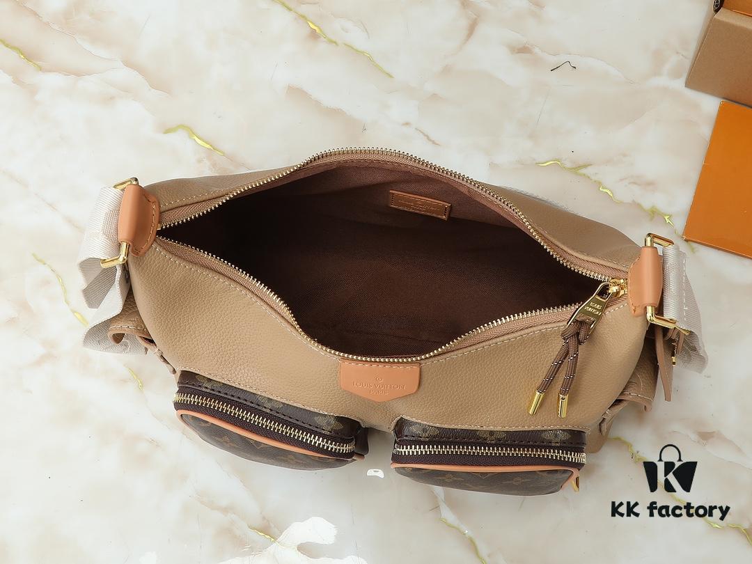 Upgraded Original M12697 Full Leather Khaki Monogram Bag, Floral Material, Classic Canvas with Wide Strap, Magnetic Double Pockets on Both Sides, Adjustable Wide Strap with Monogram Canvas, Infusing Practical Functionality into Avant-garde Design