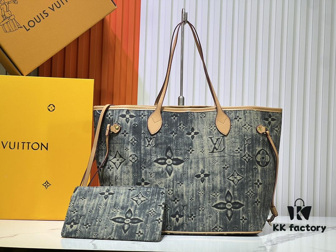 M45865 M40995 This Neverfull Medium Bag is crafted from Monogram Tiles canvas in a tote silhouette, accented with leather trim outlining the top and handles. The central LV Circle signature complements the watercolor-effect Monogram pattern, while the printed zip pouch can be removed for separate use.