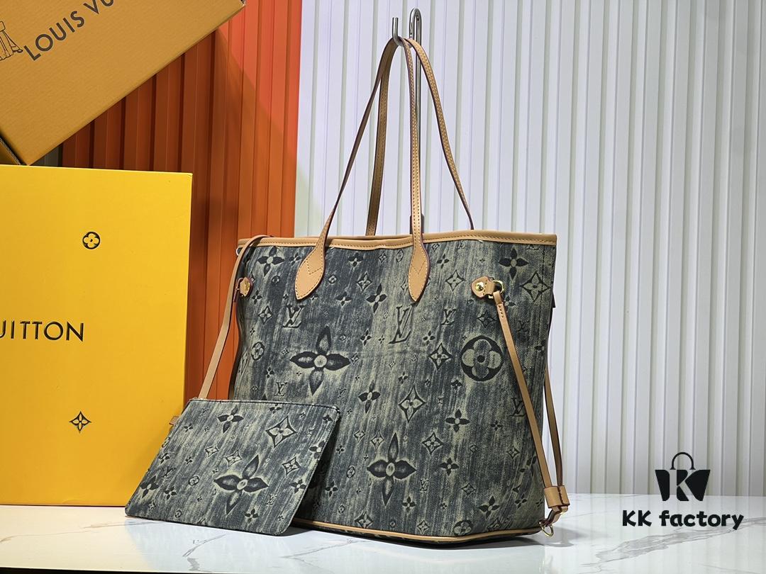 M45865 M40995 This Neverfull Medium Bag is crafted from Monogram Tiles canvas in a tote silhouette, accented with leather trim outlining the top and handles. The central LV Circle signature complements the watercolor-effect Monogram pattern, while the printed zip pouch can be removed for separate use.