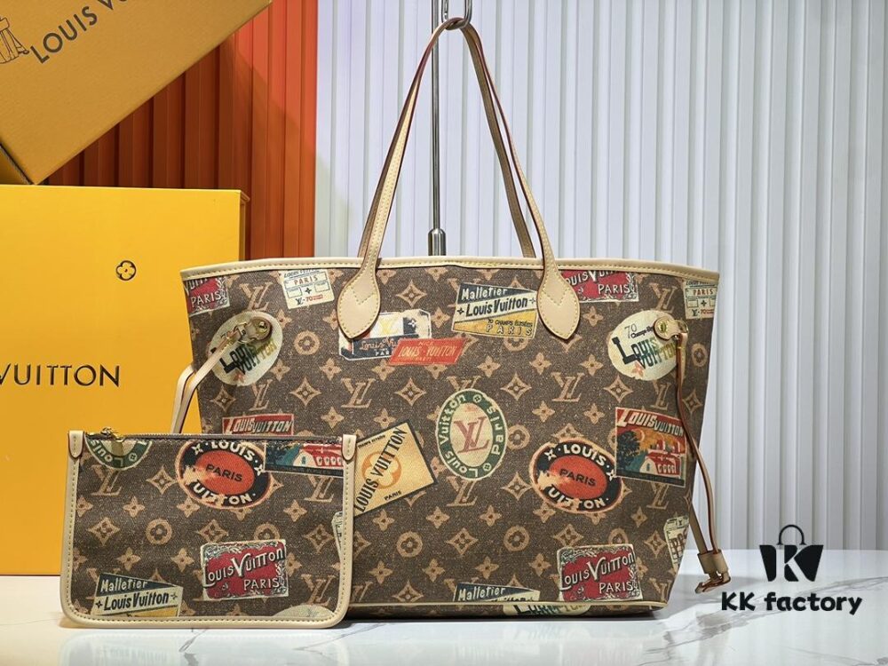 M45865 M40995 This Neverfull Medium Handbag is crafted from Monogram Tiles canvas in a tote silhouette, accented with leather trim that defines the top and handles. The central LV Circle signature pairs playfully with the watercolor-effect Monogram pattern, while the printed zip pouch can be removed for separate use.