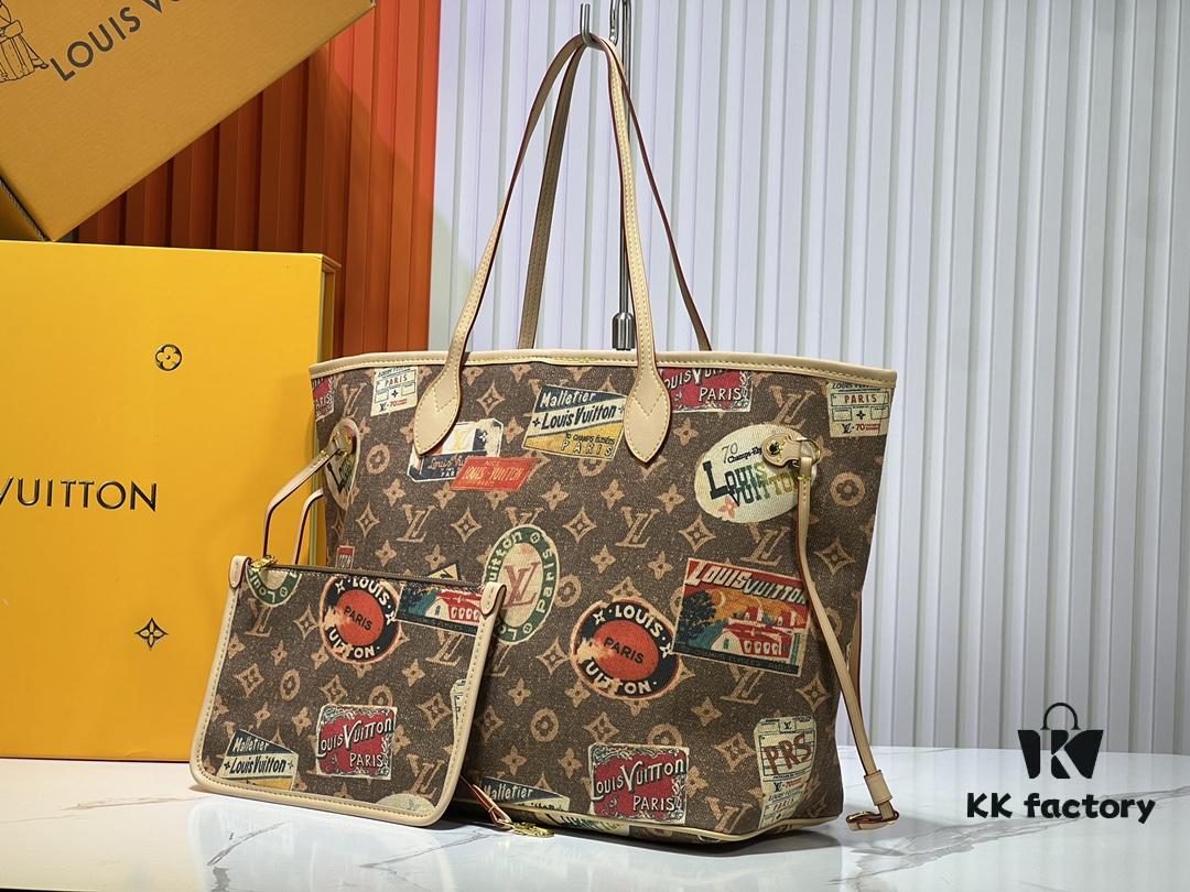 M45865 M40995 This Neverfull Medium Handbag is crafted from Monogram Tiles canvas in a tote silhouette, accented with leather trim that defines the top and handles. The central LV Circle signature pairs playfully with the watercolor-effect Monogram pattern, while the printed zip pouch can be removed for separate use.