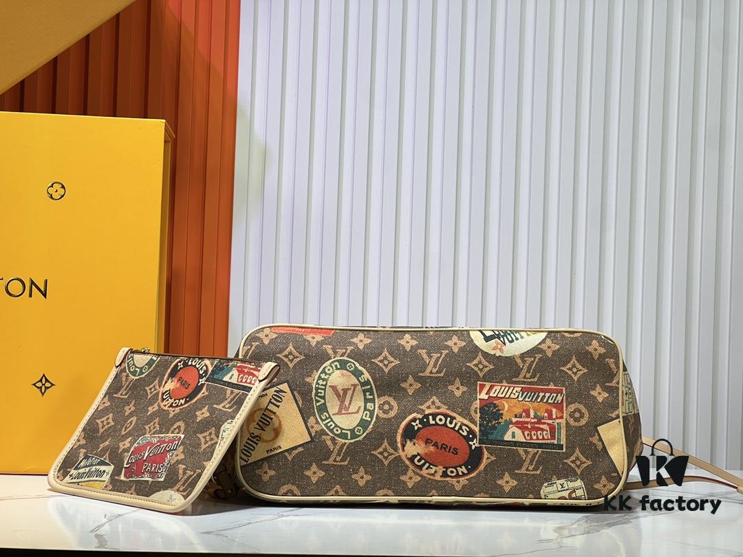 M45865 M40995 This Neverfull Medium Handbag is crafted from Monogram Tiles canvas in a tote silhouette, accented with leather trim that defines the top and handles. The central LV Circle signature pairs playfully with the watercolor-effect Monogram pattern, while the printed zip pouch can be removed for separate use.