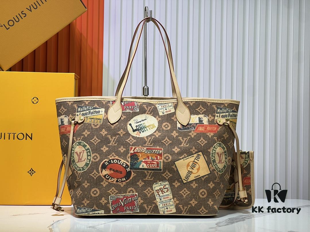 M45865 M40995 This Neverfull Medium Handbag is crafted from Monogram Tiles canvas in a tote silhouette, accented with leather trim that defines the top and handles. The central LV Circle signature pairs playfully with the watercolor-effect Monogram pattern, while the printed zip pouch can be removed for separate use.