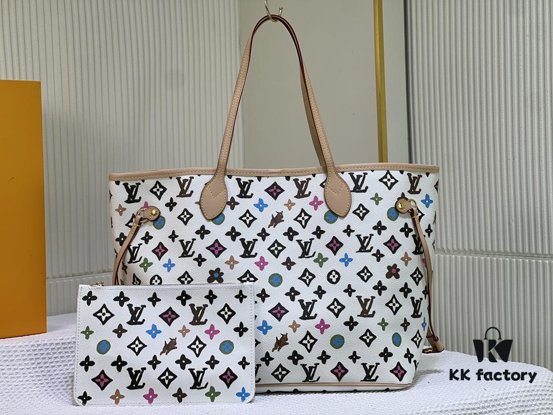 M45684 M45685 M40995 Tote MM Handbag with Monochrome Stripes in Cream and LVs on Pink Background