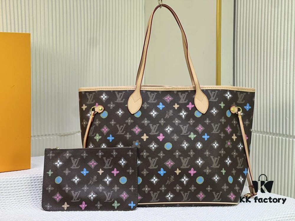 Monogram Tote MM Handbag with Monochrome Stripes and LVs on Pink Background