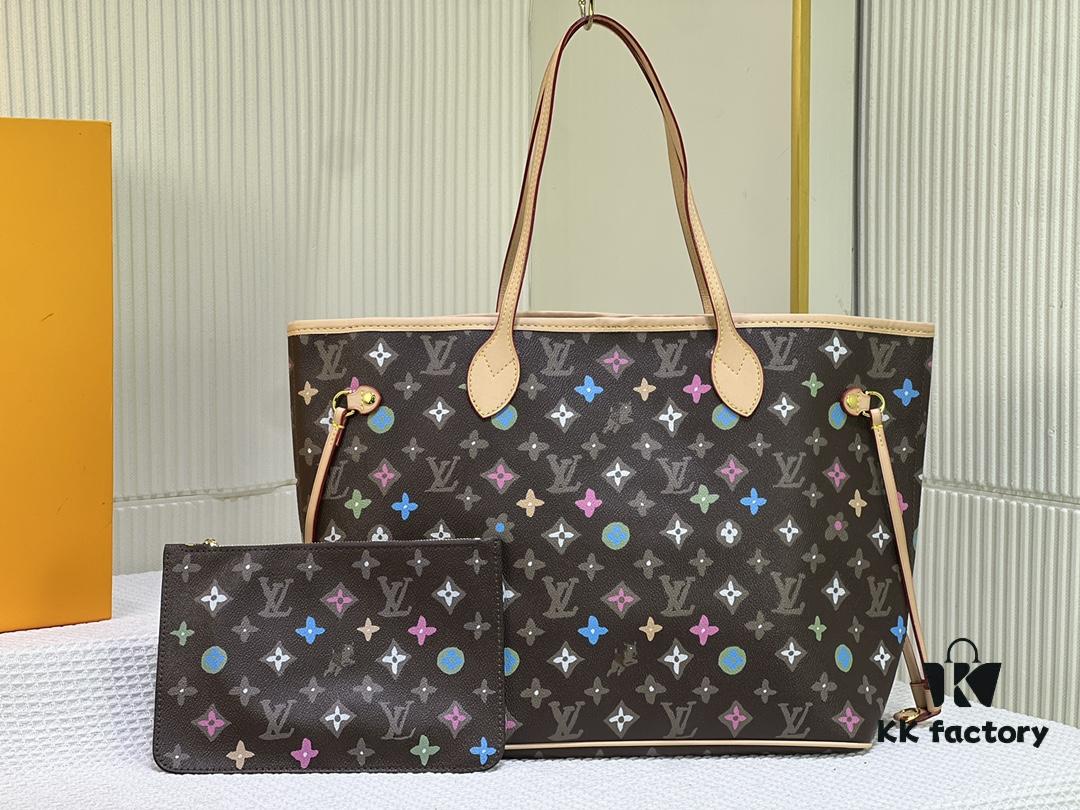 Monogram Tote MM Handbag with Monochrome Stripes and LVs on Pink Background