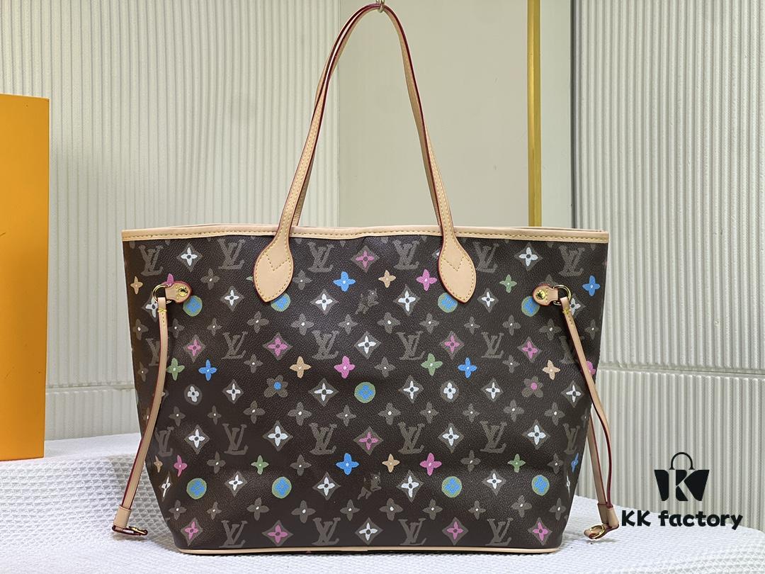 Monogram Tote MM Handbag with Monochrome Stripes and LVs on Pink Background