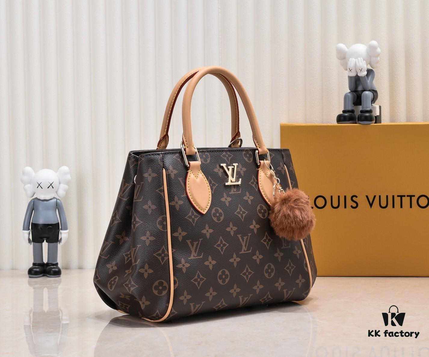 Exclusive Real Shot - Upgraded Version ‼️ LV Monogram with Leather Trim Handheld, Shoulder and Crossbody Bag Model 58188 with Long Strap, 2022 New Fashion Women's Bag, Monogram Genuine Leather Strap Tote Bag, Large Capacity [Strong] Size 33-22-16cm