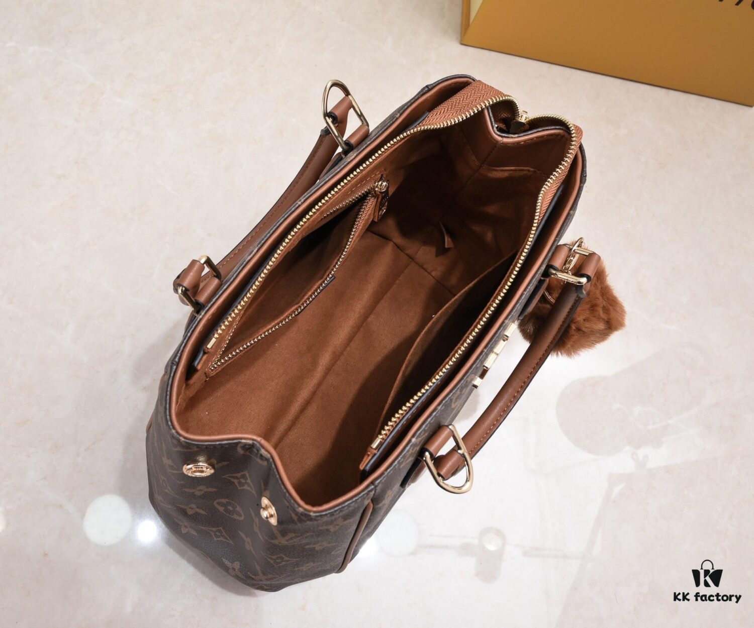 Exclusive Real Shot - Upgraded Version ‼️ LV Monogram with Leather Trim Tote Shoulder Crossbody Bag Model 58188, Includes Long Strap, 2022 New Fashion Women's Bag, Monogram Pattern with Genuine Leather Strap, Large Capacity [Strong], Size 33-22-16cm