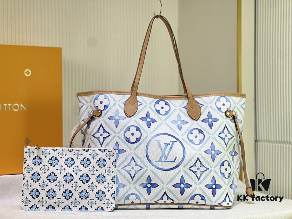 M24317 M40995 This Medium Neverfull Tote Bag Features a Monogram Tiles Canvas Construction with Leather-Trimmed Top and Handles
