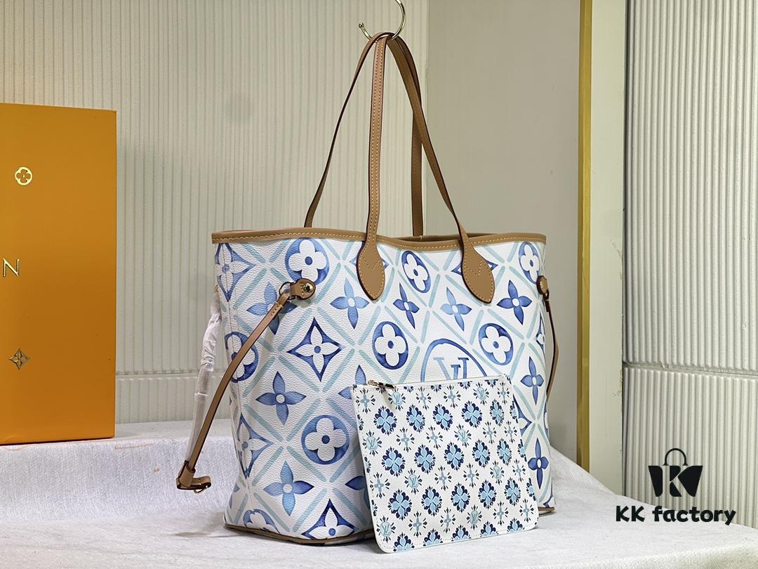 M24317 M40995 This Medium Neverfull Tote Bag Features a Monogram Tiles Canvas Construction with Leather-Trimmed Top and Handles