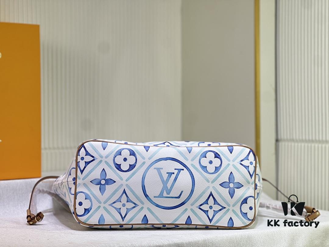 M24317 M40995 This Medium Neverfull Tote Bag Features a Monogram Tiles Canvas Construction with Leather-Trimmed Top and Handles