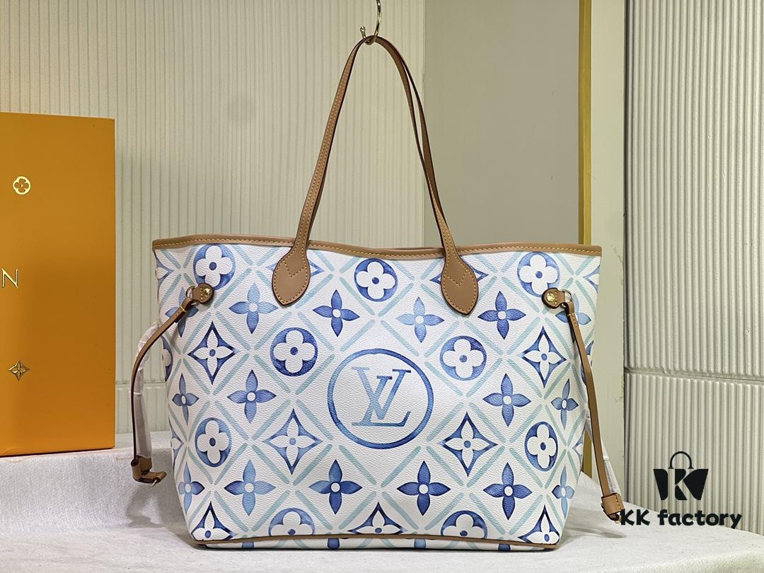 M24317 M40995 This Medium Neverfull Tote Bag Features a Monogram Tiles Canvas Construction with Leather-Trimmed Top and Handles