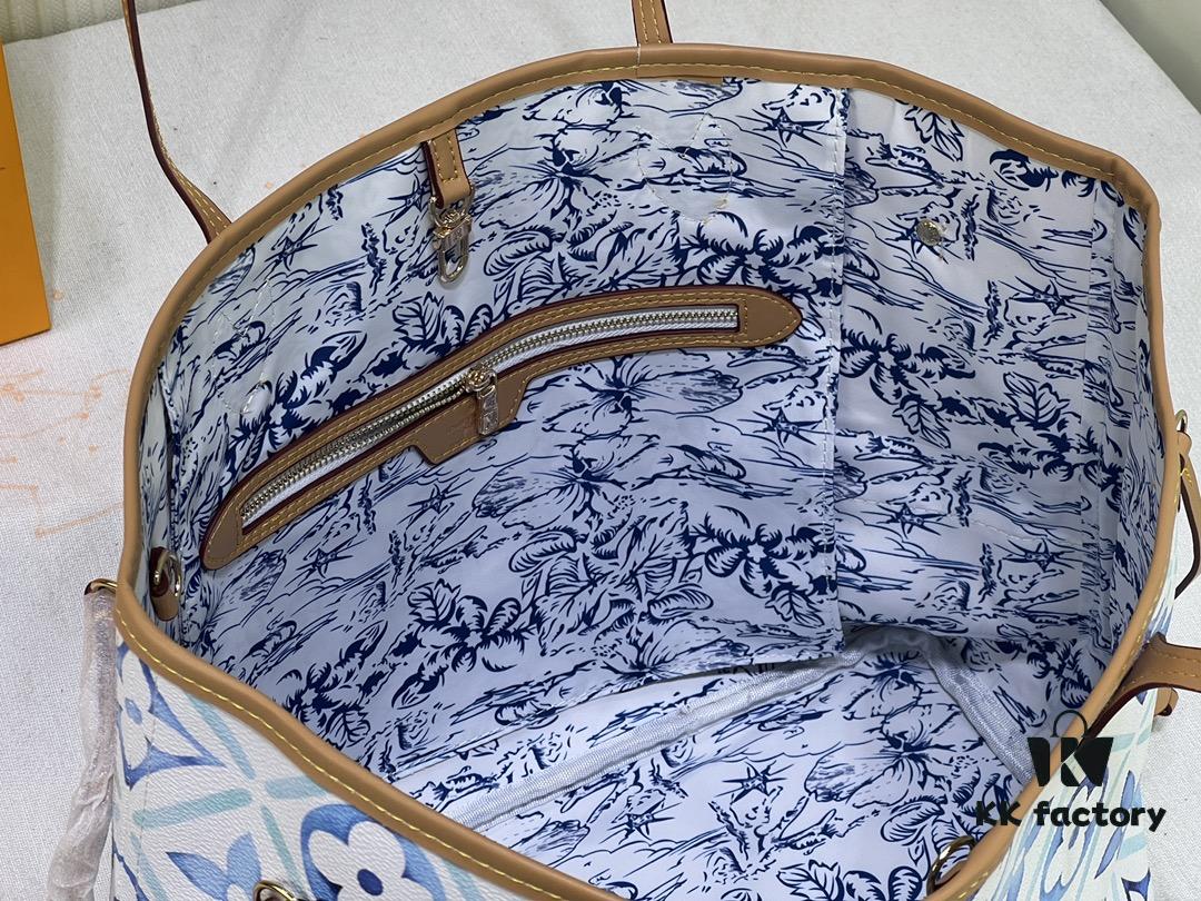 M24317 M40995 This Medium Neverfull Tote Bag Features a Monogram Tiles Canvas Construction with Leather-Trimmed Top and Handles