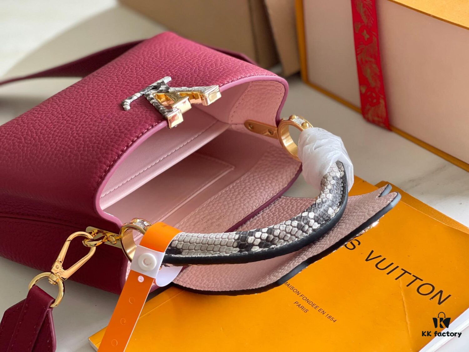 Premium Full Set Packaging 【Top Quality Original Factory Leather M82068💋 N82067 Grape Purple with Paris Pink Python Gold Clasp】