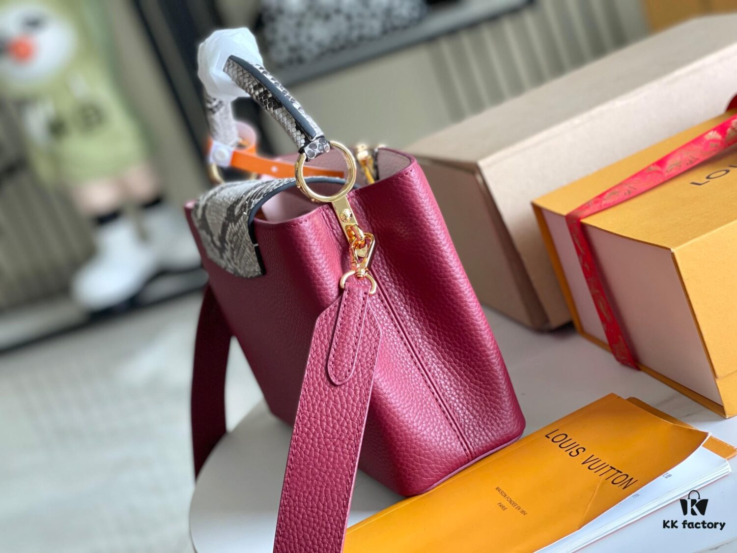 Premium Full Set Packaging [Top Quality Original Factory Leather 💋 N82068 Grape Purple with Paris Pink Python and Gold LV Buckle]