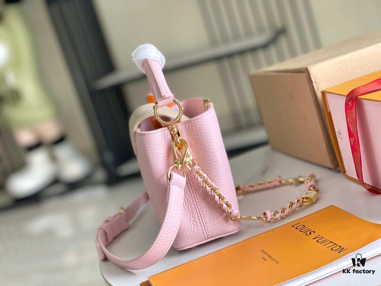 Supreme Grade Full Set Packaging 【Top Quality Original Factory Leather M23950💋 M23951 Pink with Beige Gold Upgraded Hardware】【Capucines Mini Handbag】