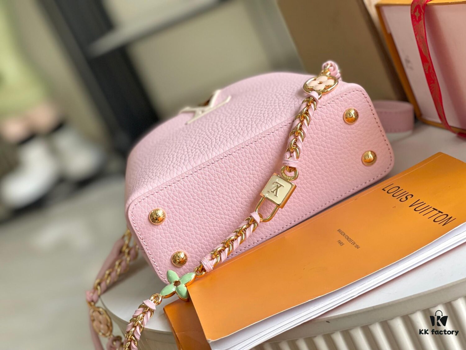 Supreme Grade Full Set Packaging 【Top Quality Original Factory Leather M23950💋 M23951 Pink with Beige Gold Upgraded Hardware】【Capucines Mini Handbag】