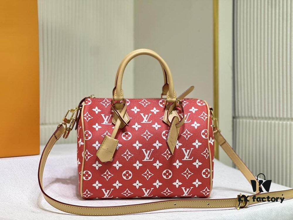 New LV 2024 Spring/Summer Non-Dong Design Speedy Safety Lock, Polished Heavy Carving Hardware, Luggage Tag, Key Fob with Dove Engraving, Italian Imported Color-Changing Yellow Leather Trim Adjustable Shoulder Strap Lock
