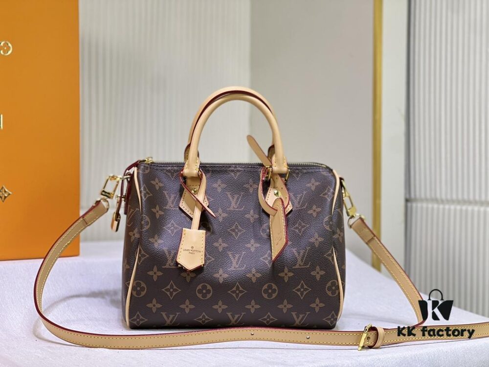 New LV 2024 Spring/Summer Non-Dong Design Speedy Safety Lock, Polished Heavy Carving Hardware, Luggage Tag, Key Fob with Dove Engraving, Italian Imported Color-Changing Yellow Leather Trim Adjustable Shoulder Strap Lock