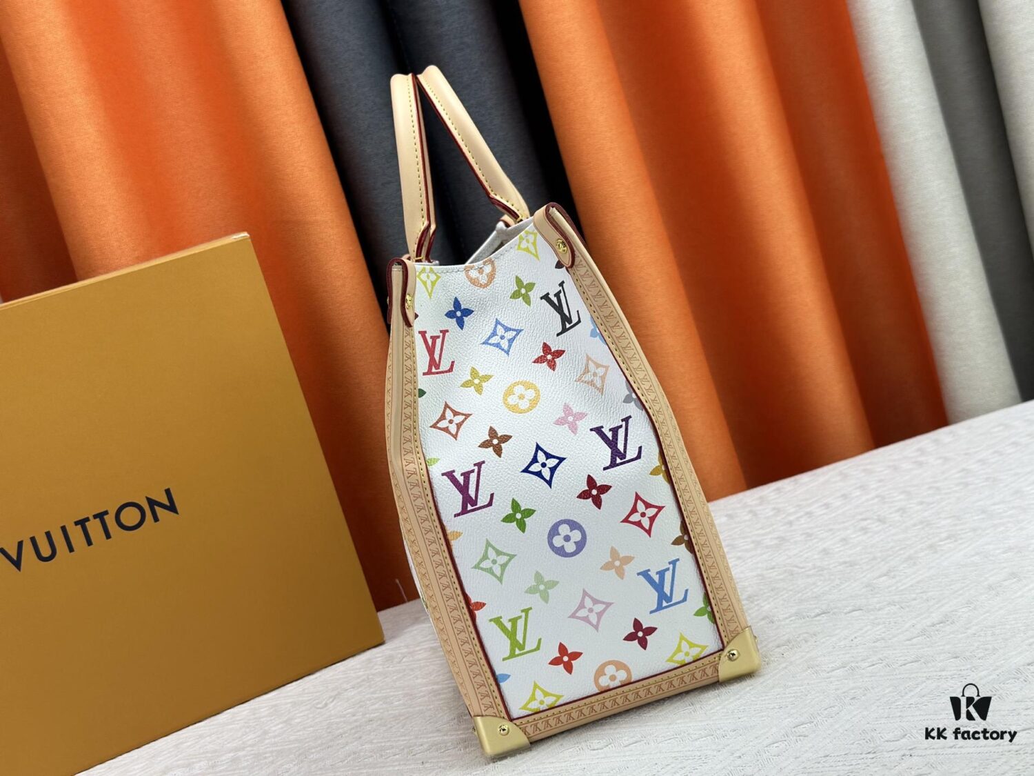 M13079 New White Tricolor Louis Vuitton x Takashi Murakami Women's Shoulder Bag, Tote Bag Size 34