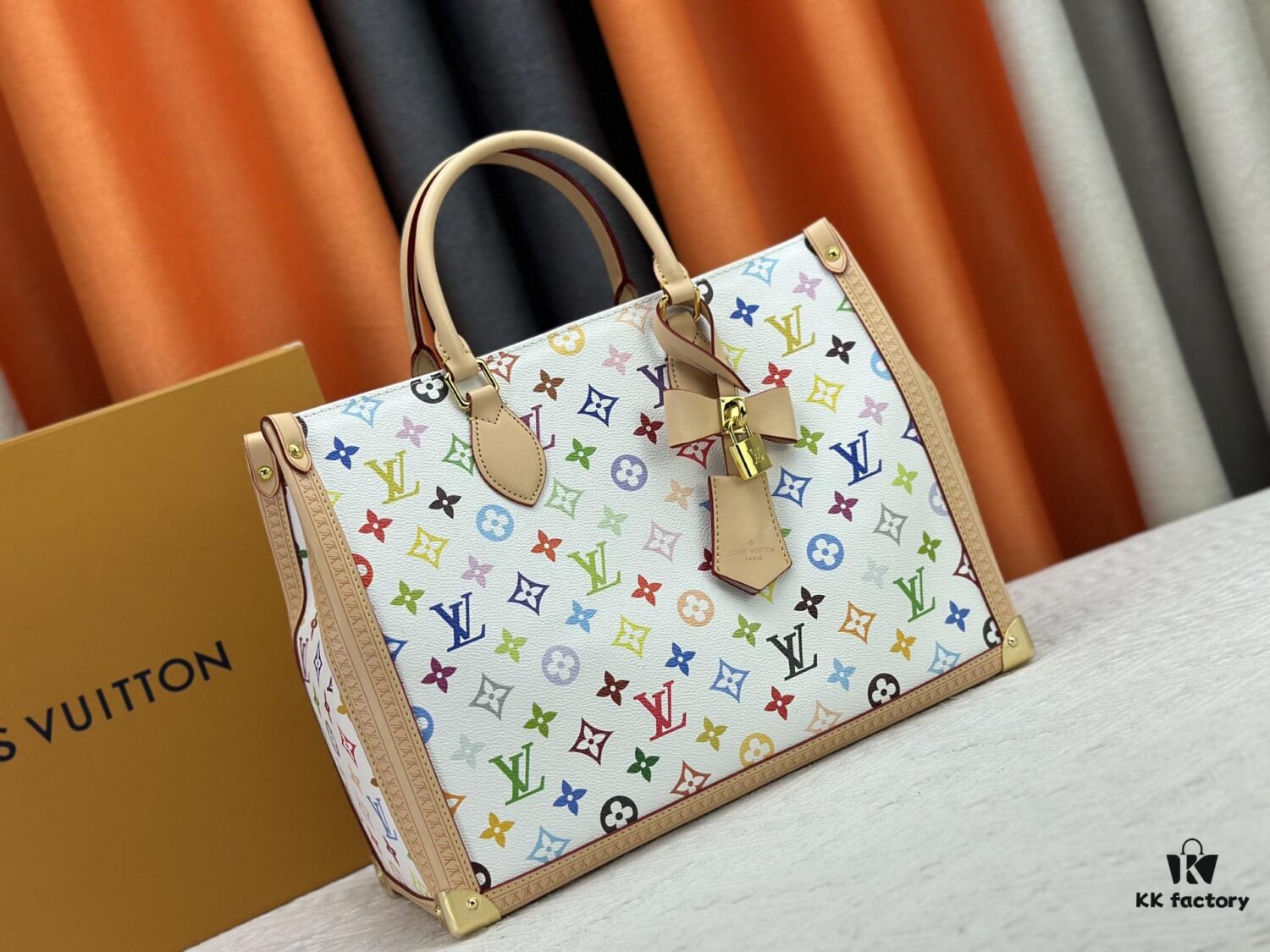 M13079 New White Tricolor Louis Vuitton x Takashi Murakami Women's Shoulder Bag, Tote Bag Size 34