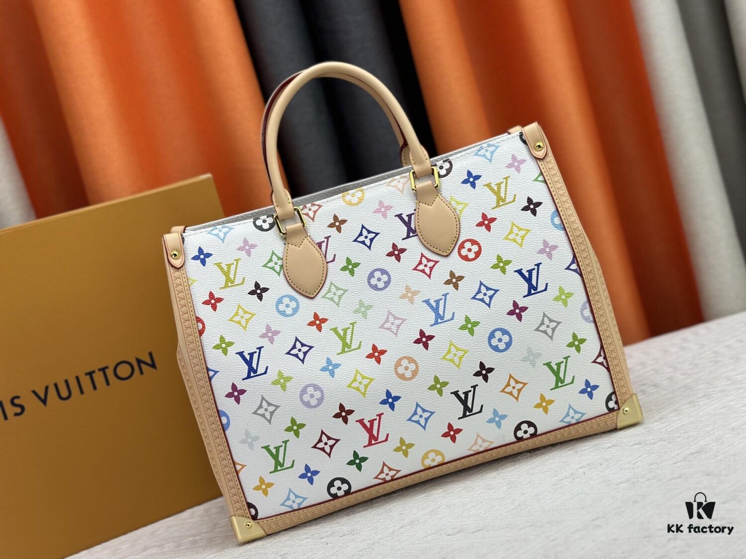 M13079 New White Tricolor Louis Vuitton x Takashi Murakami Women's Shoulder Bag, Tote Bag Size 34