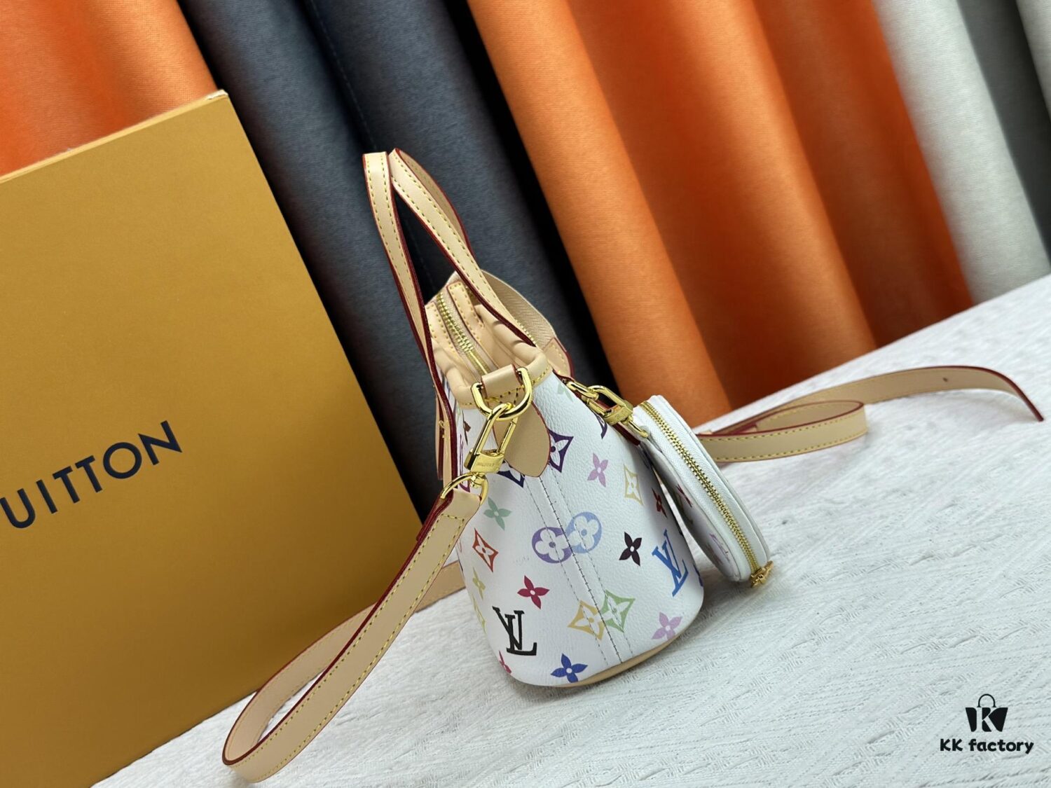 M46705 NEVERFULL BB Bag in White with Tricolor Design, Collaborated with Takashi Murakami