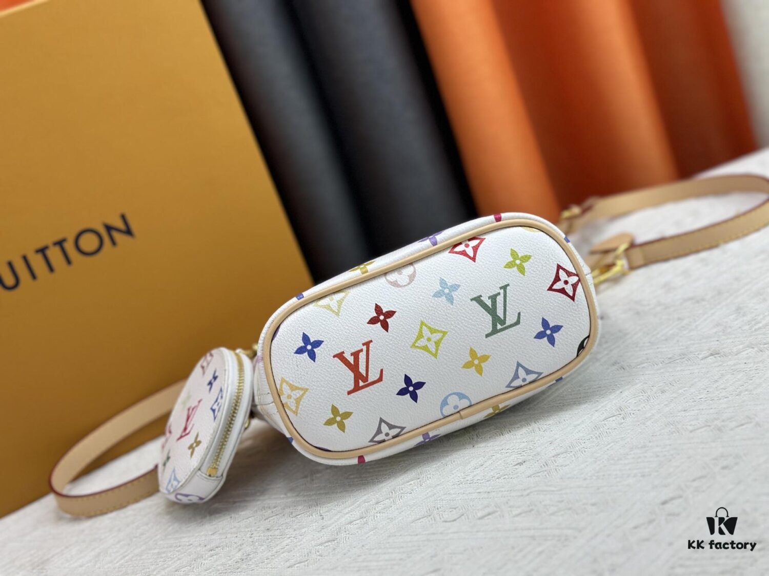 M46705 NEVERFULL BB Bag in White with Tricolor Design, Collaborated with Takashi Murakami