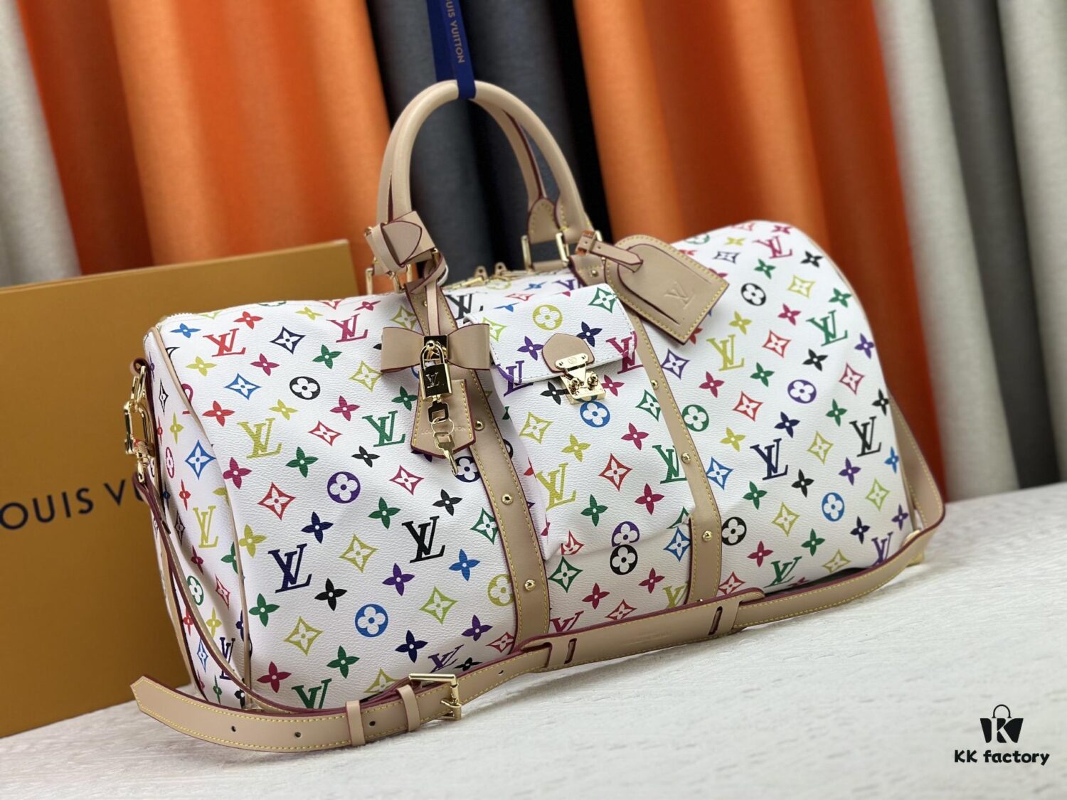 M13742 Multicolor White and Black Travel Bag, LV x TM KEEPALL BANDOULIÈRE 45, Current Season New Arrival