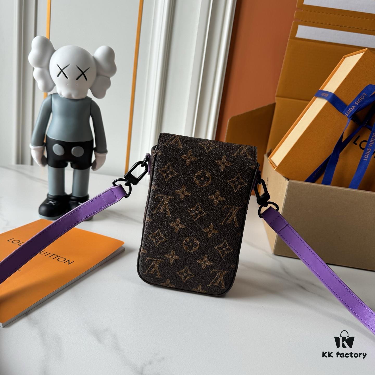 Upgraded M81522 M81524 M82252 M82535 M82568 S-LOCK VERTICAL WEARABLE Wallet in LV Monogram Macassar Canvas – Multicolor Print with Black Trim, Embossed Flower, Heather Gray, Purple & Green Variants, Orange with Black Strap Option for M82535