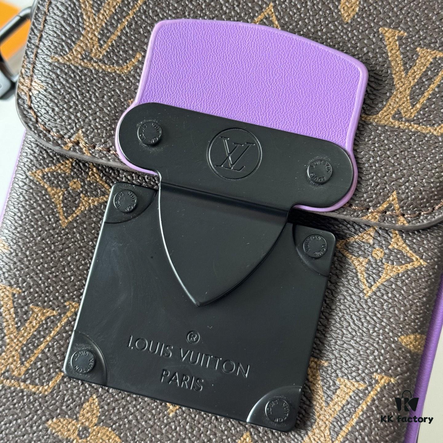 Upgraded M81522 M81524 M82252 M82535 M82568 S-LOCK VERTICAL WEARABLE Wallet in LV Monogram Macassar Canvas – Multicolor Print with Black Trim, Embossed Flower, Heather Gray, Purple & Green Variants, Orange with Black Strap Option for M82535