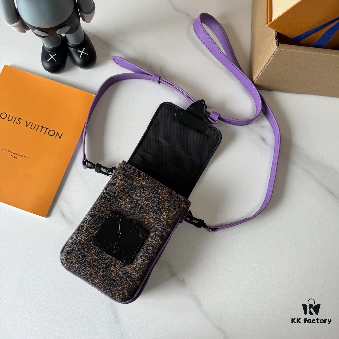Upgraded M81522 M81524 M82252 M82535 M82568 S-LOCK VERTICAL WEARABLE Wallet in LV Monogram Macassar Canvas – Multicolor Print with Black Trim, Embossed Flower, Heather Gray, Purple & Green Variants, Orange with Black Strap Option for M82535