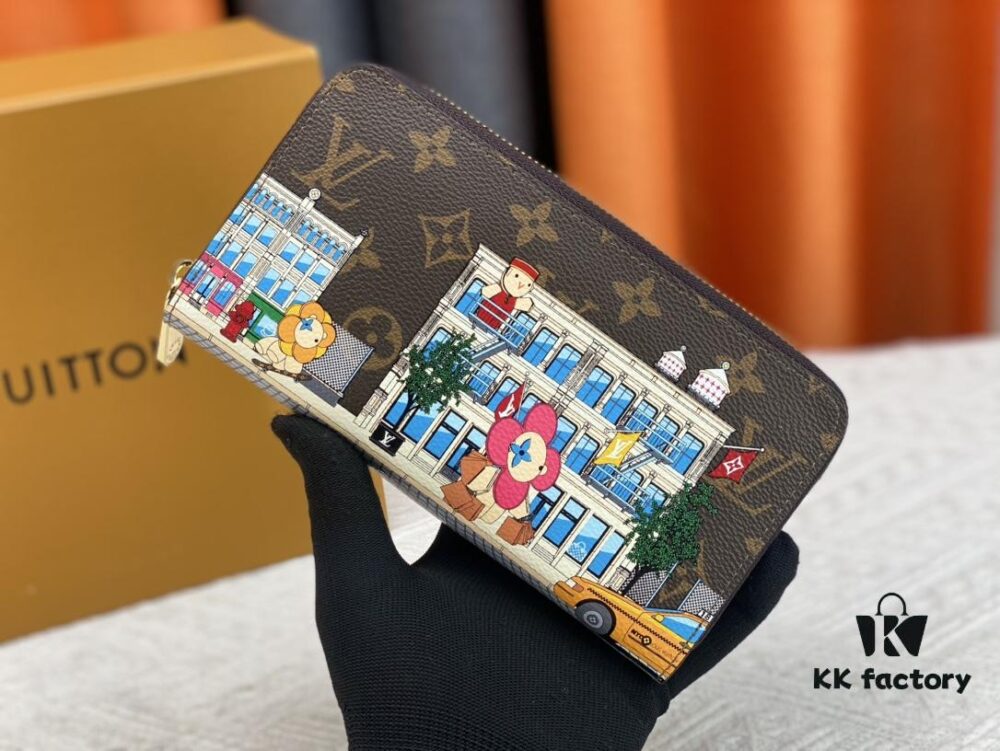 Wallet M80767 Imprint - A collectible multi-compartment zip-around wallet crafted from Monogram canvas, part of the Vivienne Holidays 2022 collection, featuring an exquisite print of Louis Vuitton's mascot Vivienne standing in front of the brand's avant-garde Tokyo boutique with Japan's iconic Mount Fuji in the background. This vibrant and sophisticated wallet serves as an invitation to journey and makes a perfect gift.