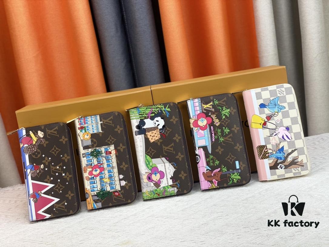 Wallet M80767 Imprint - A collectible multi-compartment zip-around wallet crafted from Monogram canvas, part of the Vivienne Holidays 2022 collection, featuring an exquisite print of Louis Vuitton's mascot Vivienne standing in front of the brand's avant-garde Tokyo boutique with Japan's iconic Mount Fuji in the background. This vibrant and sophisticated wallet serves as an invitation to journey and makes a perfect gift.