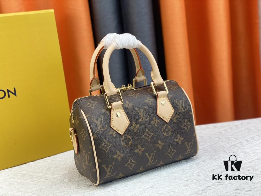 M46222.M46234.M45957.M45948 Vintage The Speedy Bandoulière 20 handbag features the Monogram canvas, cowhide leather trim, and textile lining, continuing the classic Louis Vuitton Speedy travel bag design in a compact size, complete with rolled leather handles and a detachable, adjustable textile shoulder strap accented with signature woven branding details.