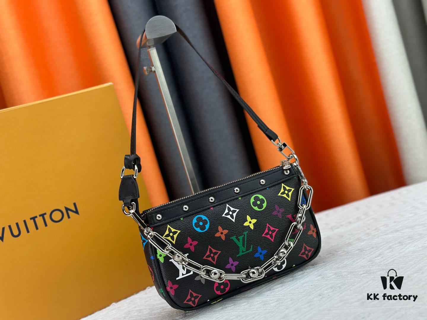 M13404 M13663 Black Color White Color This Pochette Accessoires handbag is crafted from coated canvas featuring a vibrant Monogram pattern, showcasing the dynamic collaboration between Louis Vuitton and Takashi Murakami. Trimmed with cowhide leather and accented with striking metal hardware, it highlights meticulous craftsmanship. The detachable shoulder strap and chain allow for versatile carrying options. Dimensions: 22x13x4cm