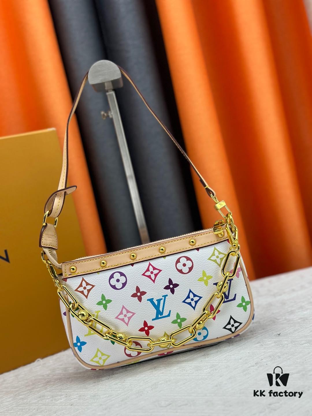 M13404 M13663 Black Color White Color This Pochette Accessoires handbag is crafted from coated canvas featuring a vibrant Monogram pattern, showcasing the dynamic style of the Louis Vuitton × Takashi Murakami collaboration collection