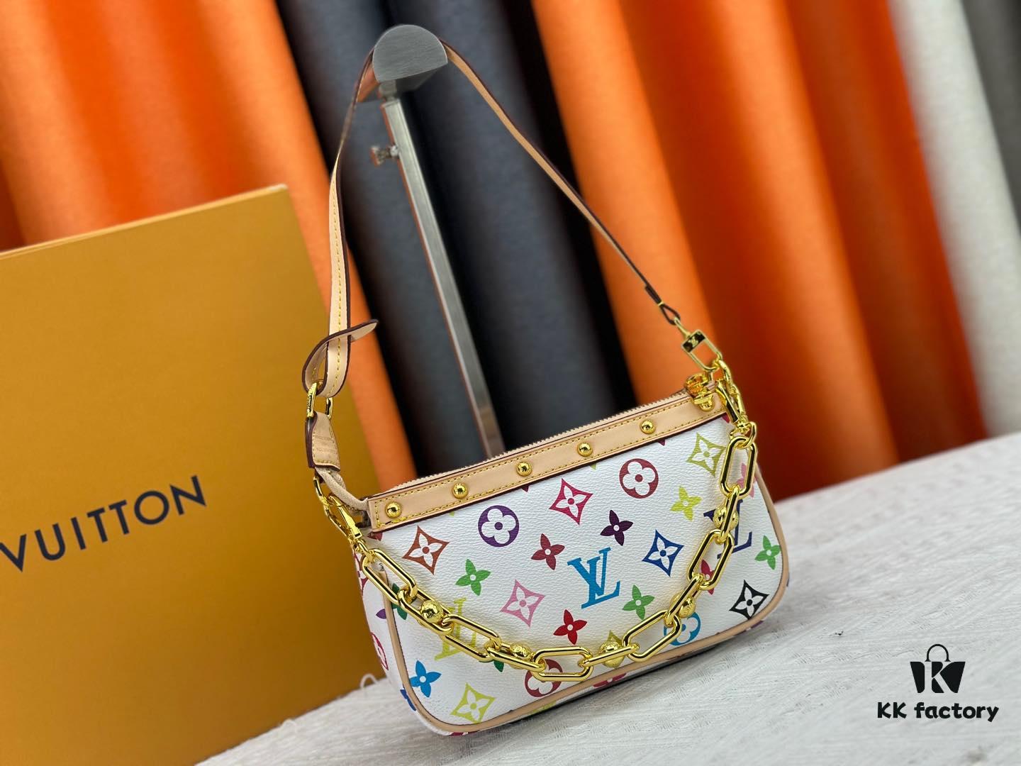 M13404 M13663 Black Color White Color This Pochette Accessoires handbag is crafted from coated canvas featuring a vibrant Monogram pattern, showcasing the dynamic style of the Louis Vuitton × Takashi Murakami collaboration collection