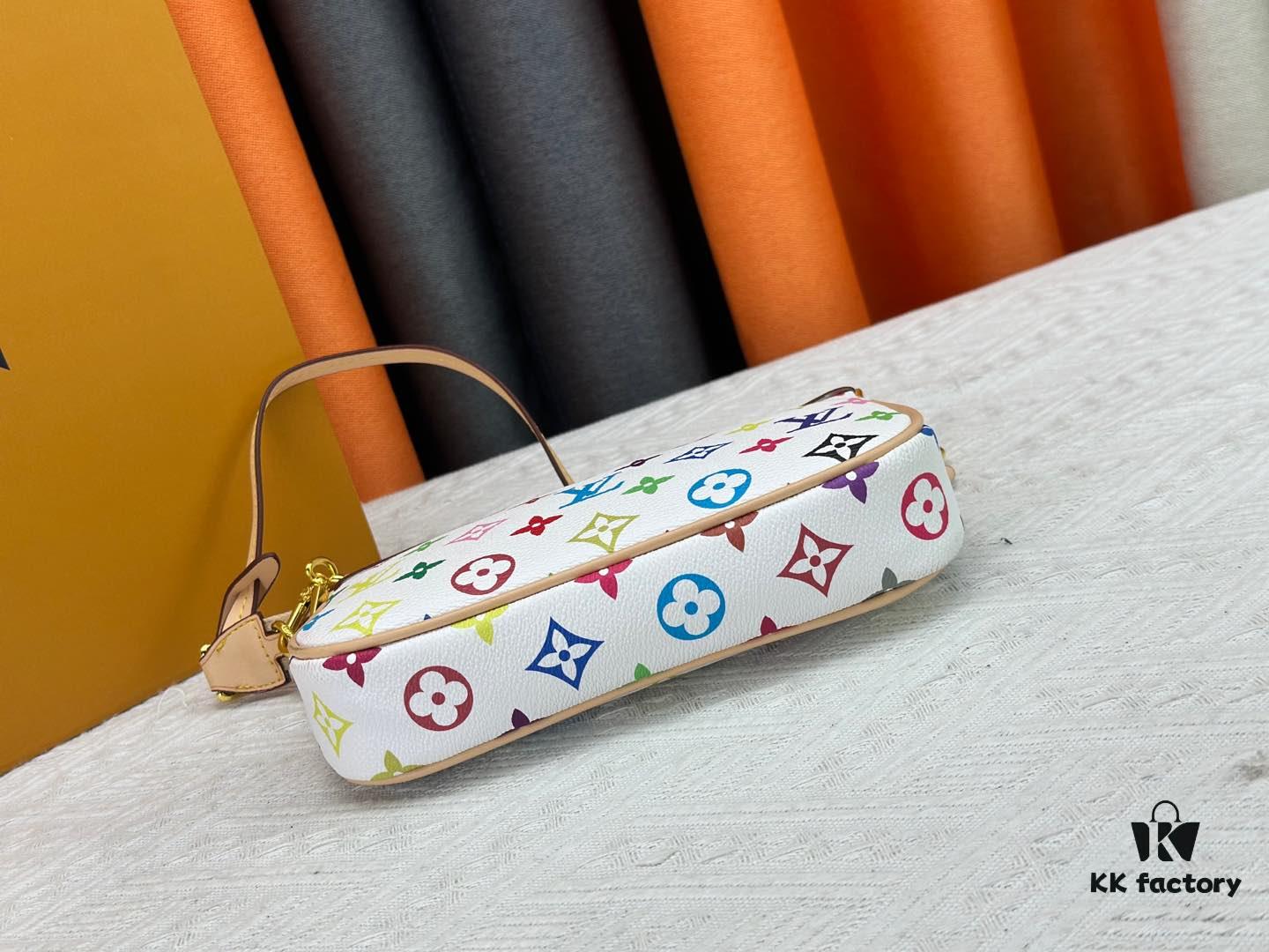 M13404 M13663 Black Color White Color This Pochette Accessoires handbag is crafted from coated canvas featuring a vibrant Monogram pattern, showcasing the dynamic style of the Louis Vuitton × Takashi Murakami collaboration collection