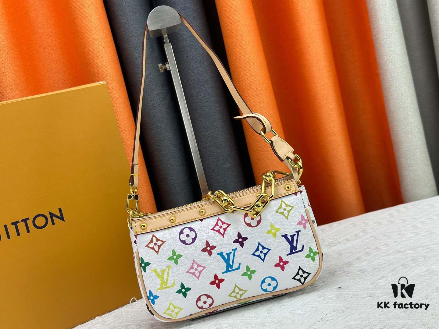 M13404 M13663 Black Color White Color This Pochette Accessoires handbag is crafted from coated canvas featuring a vibrant Monogram pattern, showcasing the dynamic style of the Louis Vuitton × Takashi Murakami collaboration collection