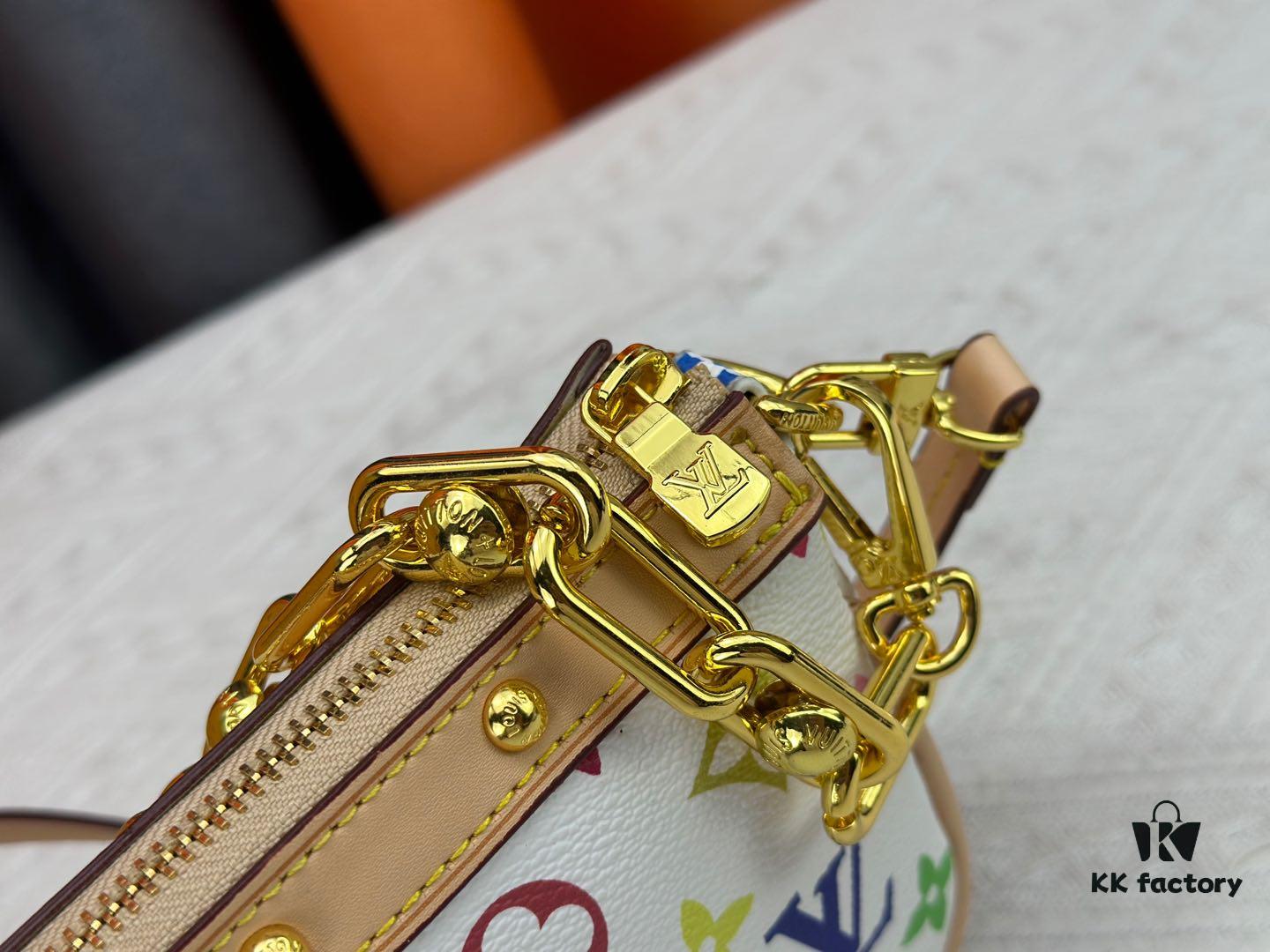 M13404 M13663 Black Color White Color This Pochette Accessoires handbag is crafted from coated canvas featuring a vibrant Monogram pattern, showcasing the dynamic style of the Louis Vuitton × Takashi Murakami collaboration collection