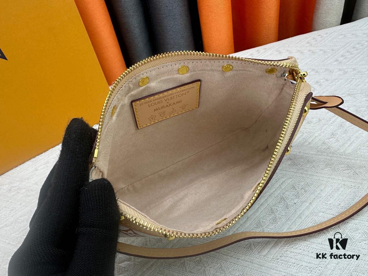 M13404 M13663 Black Color White Color This Pochette Accessoires handbag is crafted from coated canvas featuring a vibrant Monogram pattern, showcasing the dynamic style of the Louis Vuitton × Takashi Murakami collaboration collection