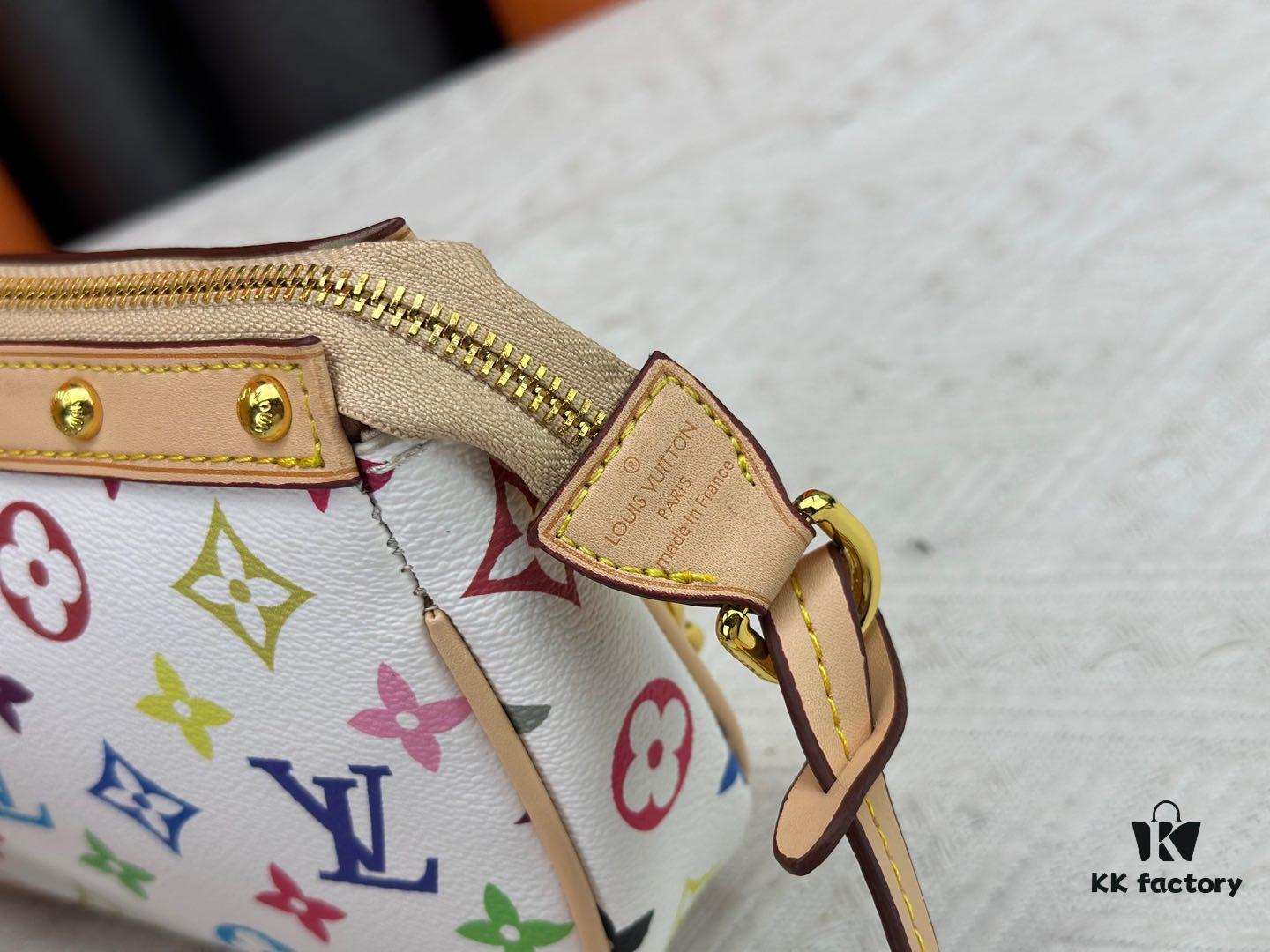 M13404 M13663 Black Color White Color This Pochette Accessoires handbag is crafted from coated canvas featuring a vibrant Monogram pattern, showcasing the dynamic style of the Louis Vuitton × Takashi Murakami collaboration collection