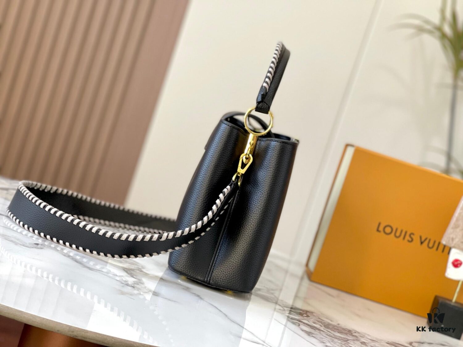 Upgraded M21121 Black Woven Gold Buckle Capucines MM