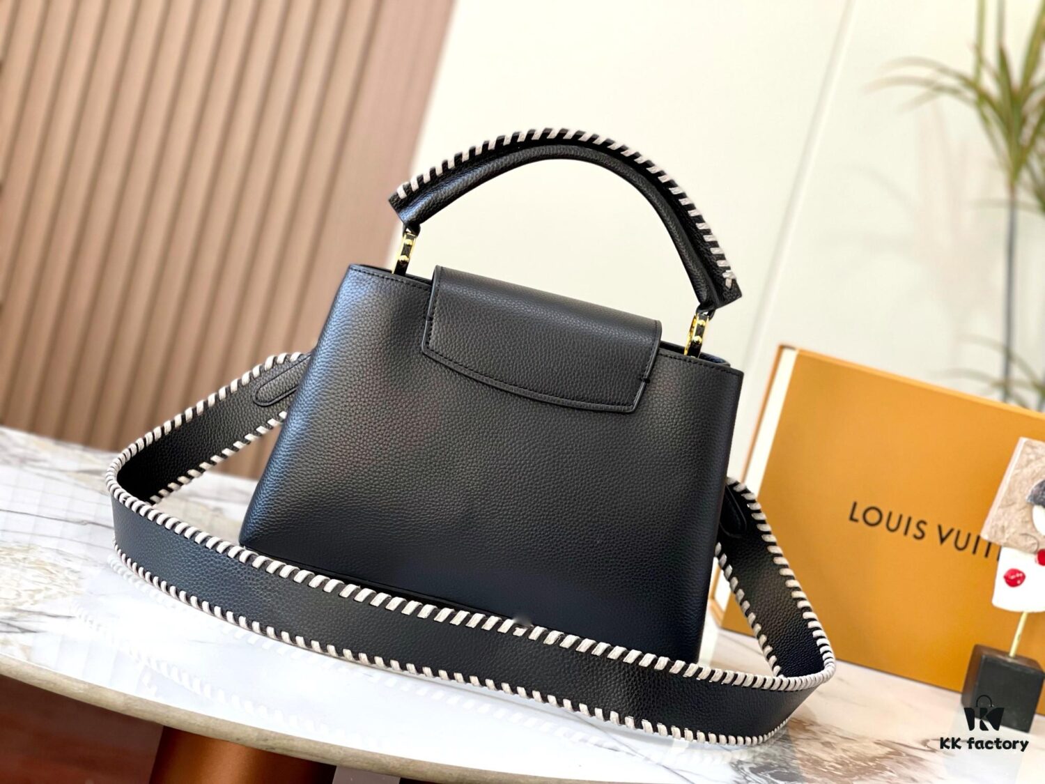 Upgraded M21121 Black Woven Gold Buckle Capucines MM