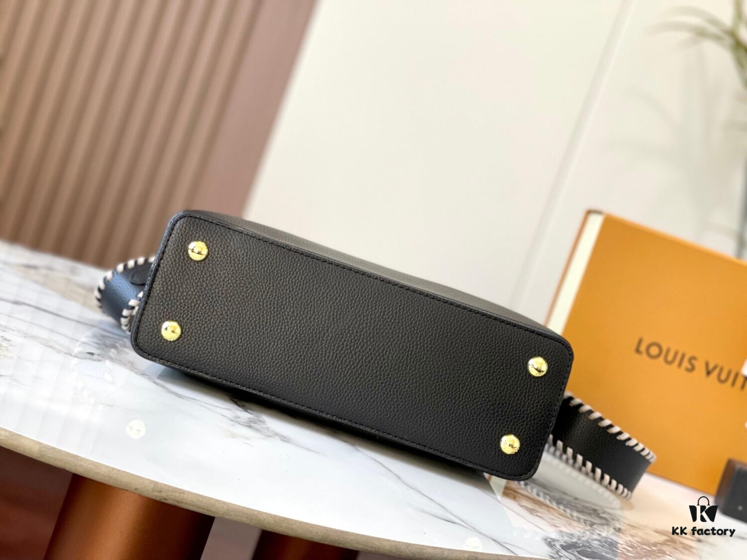 Upgraded M21121 Black Woven Gold Buckle Capucines MM