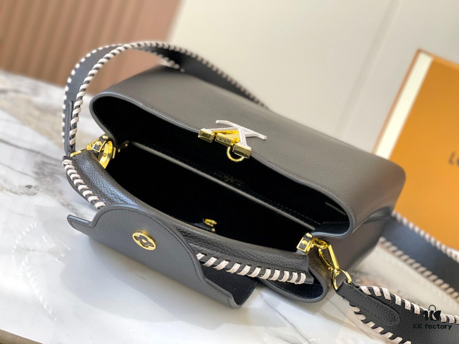 Upgraded M21121 Black Woven Gold Buckle Capucines MM